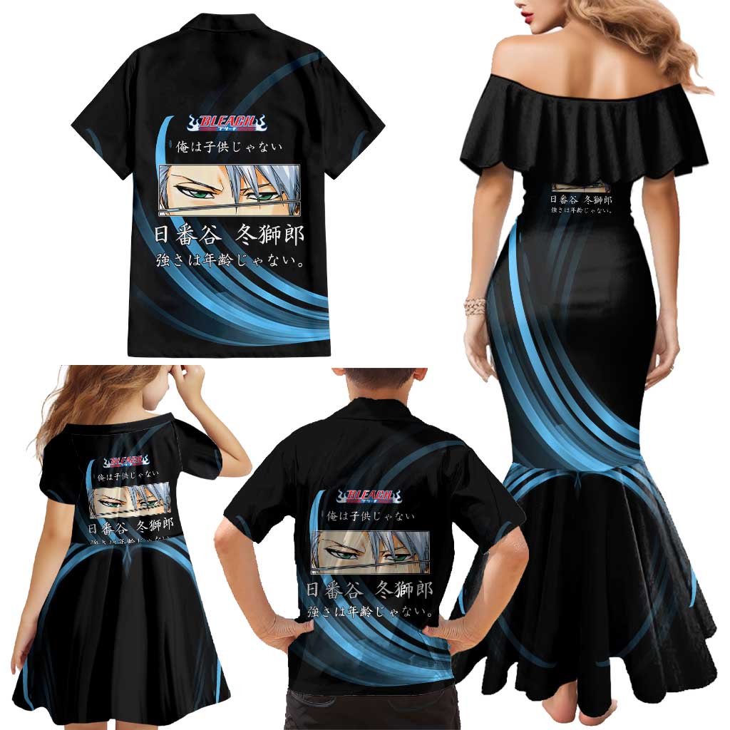 Toshiro Hitsugaya Bleach Anime Black and Blue Theme Family Matching Mermaid Dress and Hawaiian Shirt with Ice Dragon Elements and Japanese Quote Design