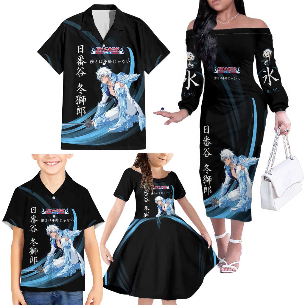 Toshiro Hitsugaya Bleach Anime Black and Blue Theme Family Matching Off The Shoulder Long Sleeve Dress and Hawaiian Shirt with Ice Dragon Elements and Japanese Quote Design