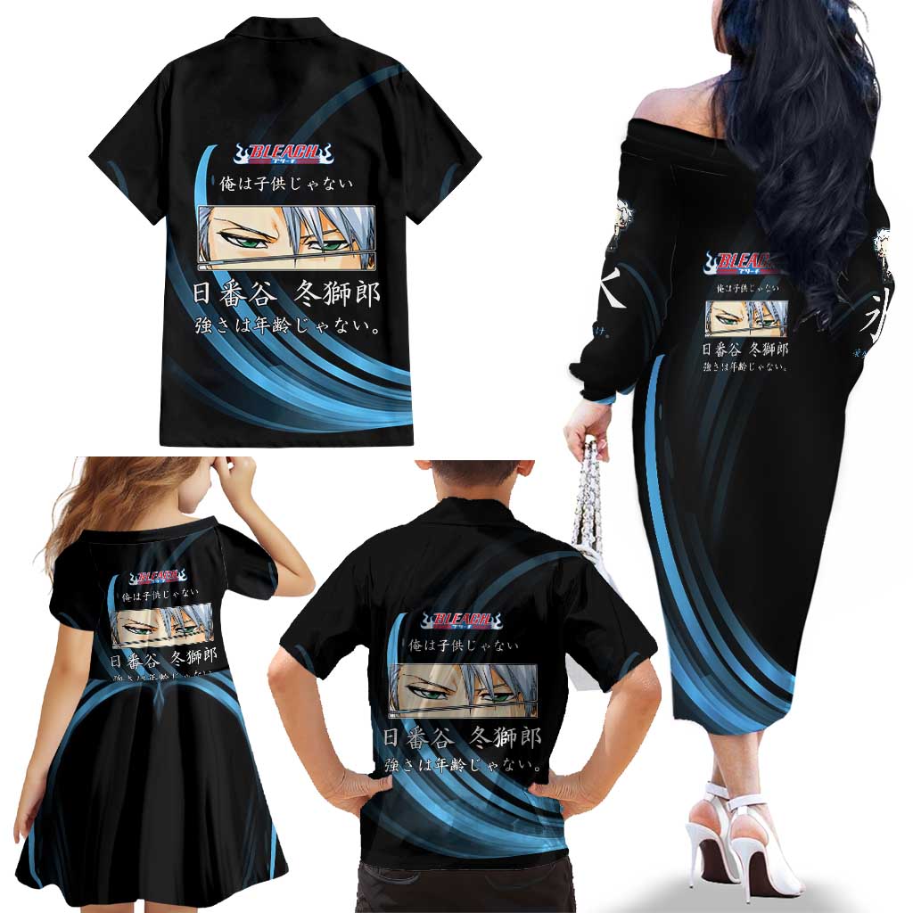 Toshiro Hitsugaya Bleach Anime Black and Blue Theme Family Matching Off The Shoulder Long Sleeve Dress and Hawaiian Shirt with Ice Dragon Elements and Japanese Quote Design