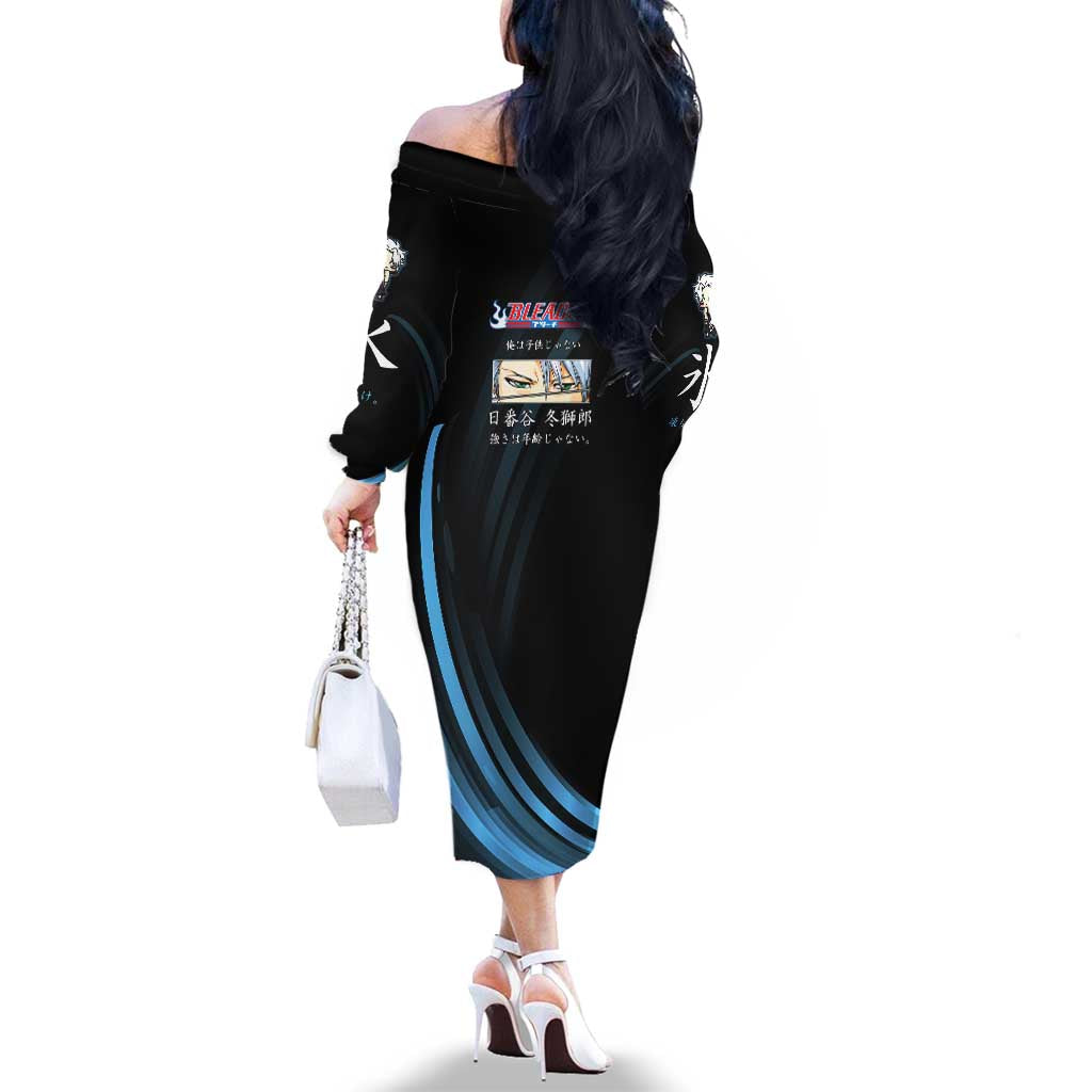 Toshiro Hitsugaya Bleach Anime Black and Blue Theme Family Matching Off The Shoulder Long Sleeve Dress and Hawaiian Shirt with Ice Dragon Elements and Japanese Quote Design