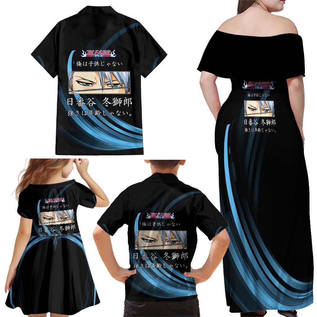 Toshiro Hitsugaya Bleach Anime Black and Blue Theme Family Matching Off Shoulder Maxi Dress and Hawaiian Shirt with Ice Dragon Elements and Japanese Quote Design
