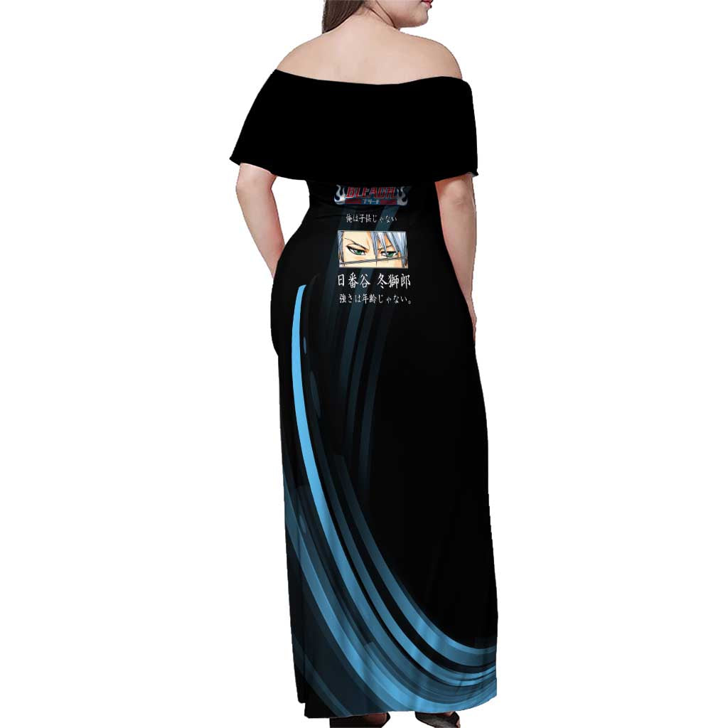 Toshiro Hitsugaya Bleach Anime Black and Blue Theme Family Matching Off Shoulder Maxi Dress and Hawaiian Shirt with Ice Dragon Elements and Japanese Quote Design