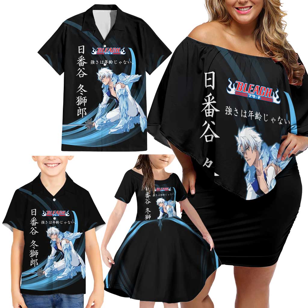 Toshiro Hitsugaya Bleach Anime Black and Blue Theme Family Matching Off Shoulder Short Dress and Hawaiian Shirt with Ice Dragon Elements and Japanese Quote Design