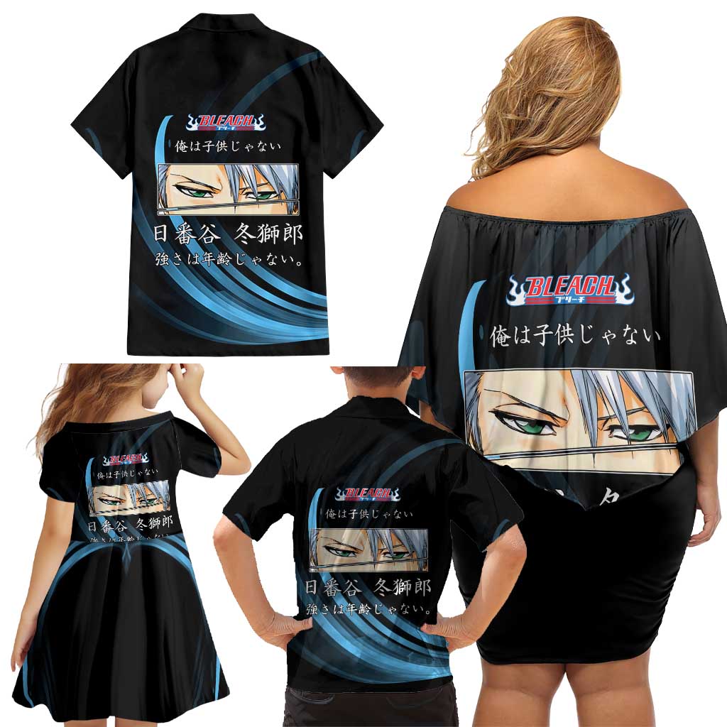 Toshiro Hitsugaya Bleach Anime Black and Blue Theme Family Matching Off Shoulder Short Dress and Hawaiian Shirt with Ice Dragon Elements and Japanese Quote Design