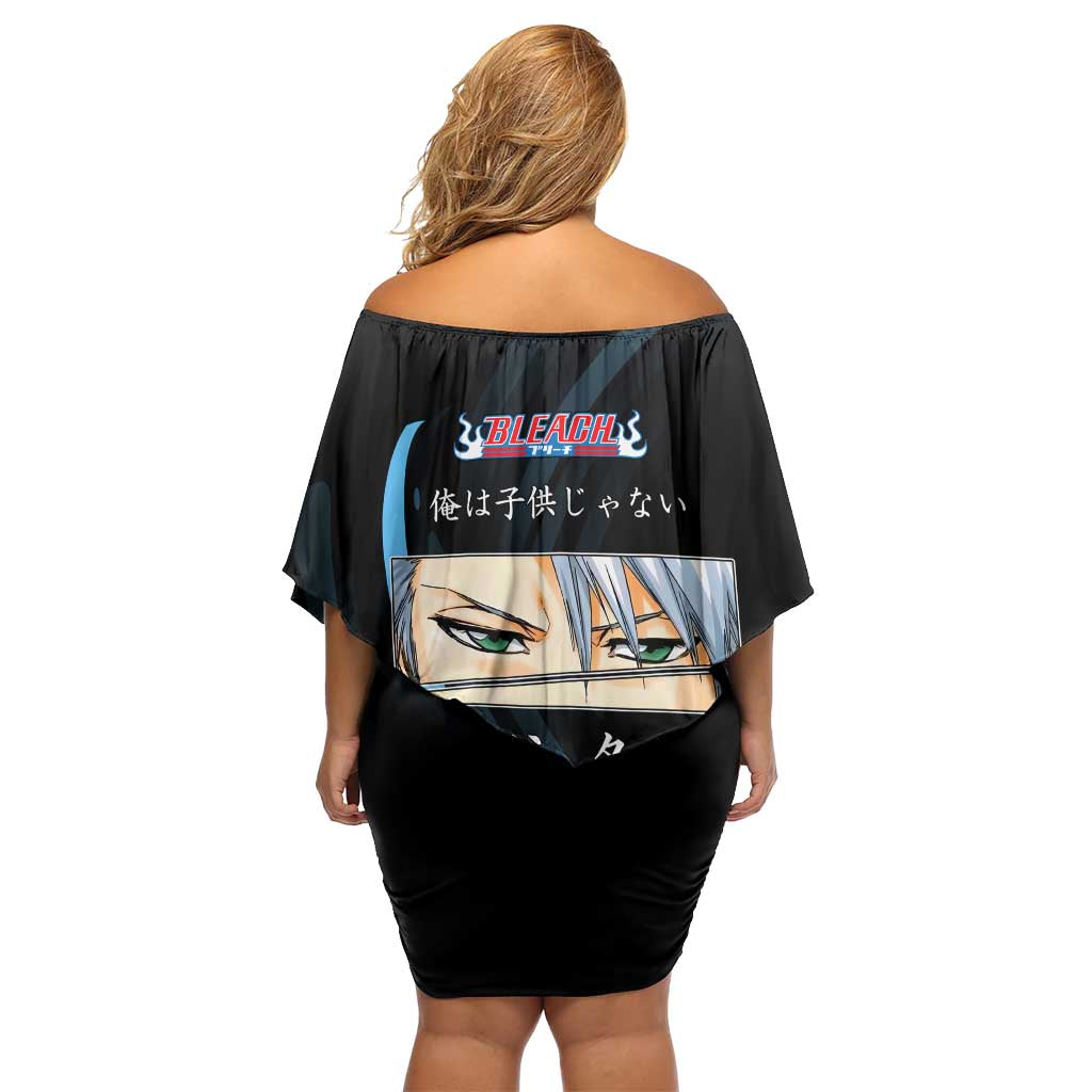 Toshiro Hitsugaya Bleach Anime Black and Blue Theme Family Matching Off Shoulder Short Dress and Hawaiian Shirt with Ice Dragon Elements and Japanese Quote Design