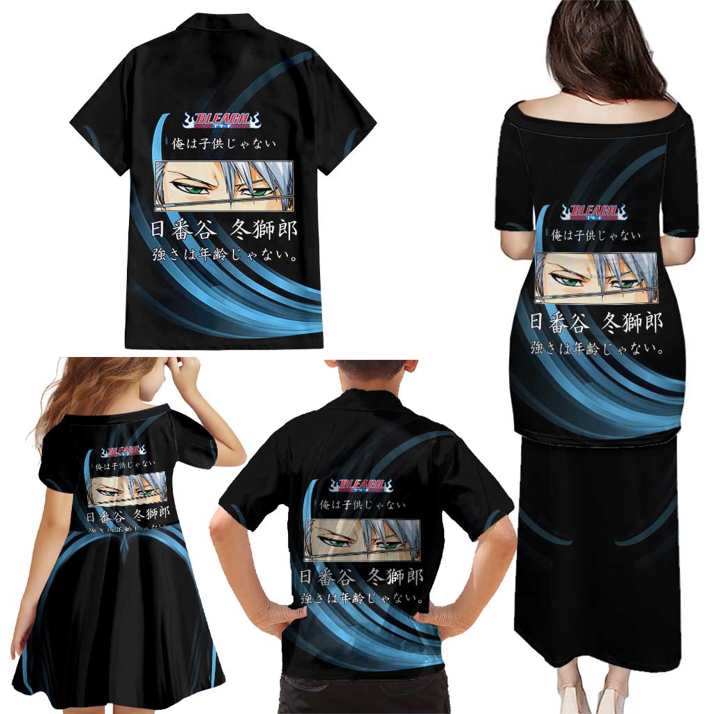 Toshiro Hitsugaya Bleach Anime Black and Blue Theme Family Matching Puletasi and Hawaiian Shirt with Ice Dragon Elements and Japanese Quote Design