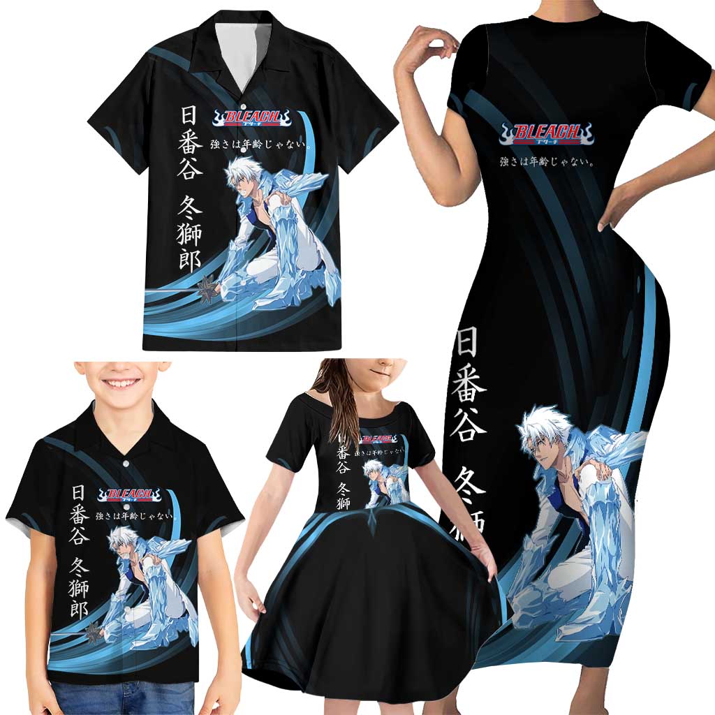Toshiro Hitsugaya Bleach Anime Black and Blue Theme Family Matching Short Sleeve Bodycon Dress and Hawaiian Shirt with Ice Dragon Elements and Japanese Quote Design