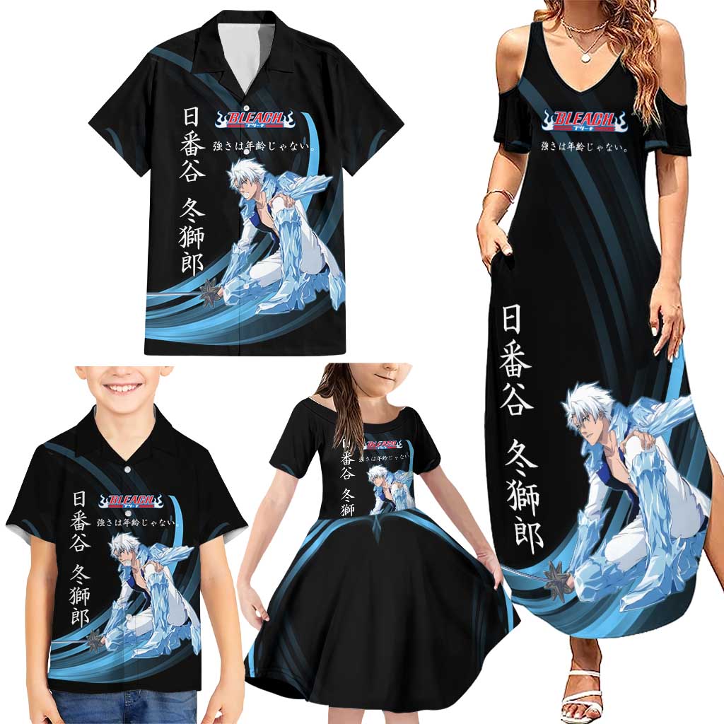 Toshiro Hitsugaya Bleach Anime Black and Blue Theme Family Matching Summer Maxi Dress and Hawaiian Shirt with Ice Dragon Elements and Japanese Quote Design