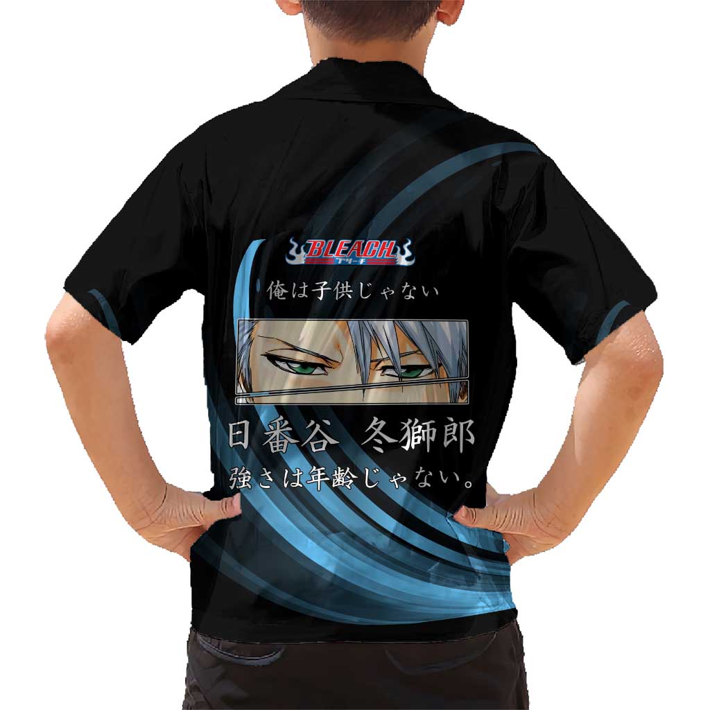Toshiro Hitsugaya Bleach Anime Black and Blue Theme Family Matching Summer Maxi Dress and Hawaiian Shirt with Ice Dragon Elements and Japanese Quote Design