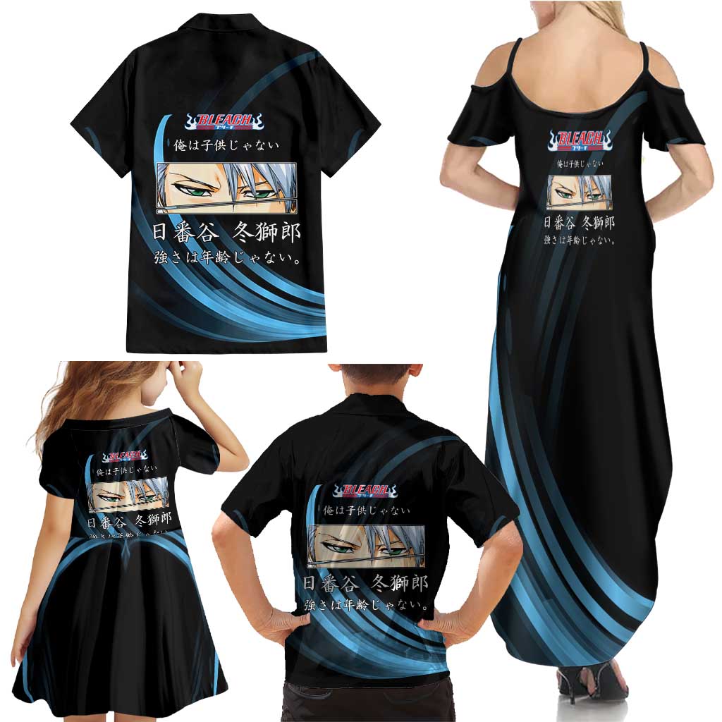 Toshiro Hitsugaya Bleach Anime Black and Blue Theme Family Matching Summer Maxi Dress and Hawaiian Shirt with Ice Dragon Elements and Japanese Quote Design
