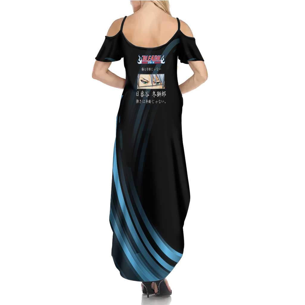 Toshiro Hitsugaya Bleach Anime Black and Blue Theme Family Matching Summer Maxi Dress and Hawaiian Shirt with Ice Dragon Elements and Japanese Quote Design