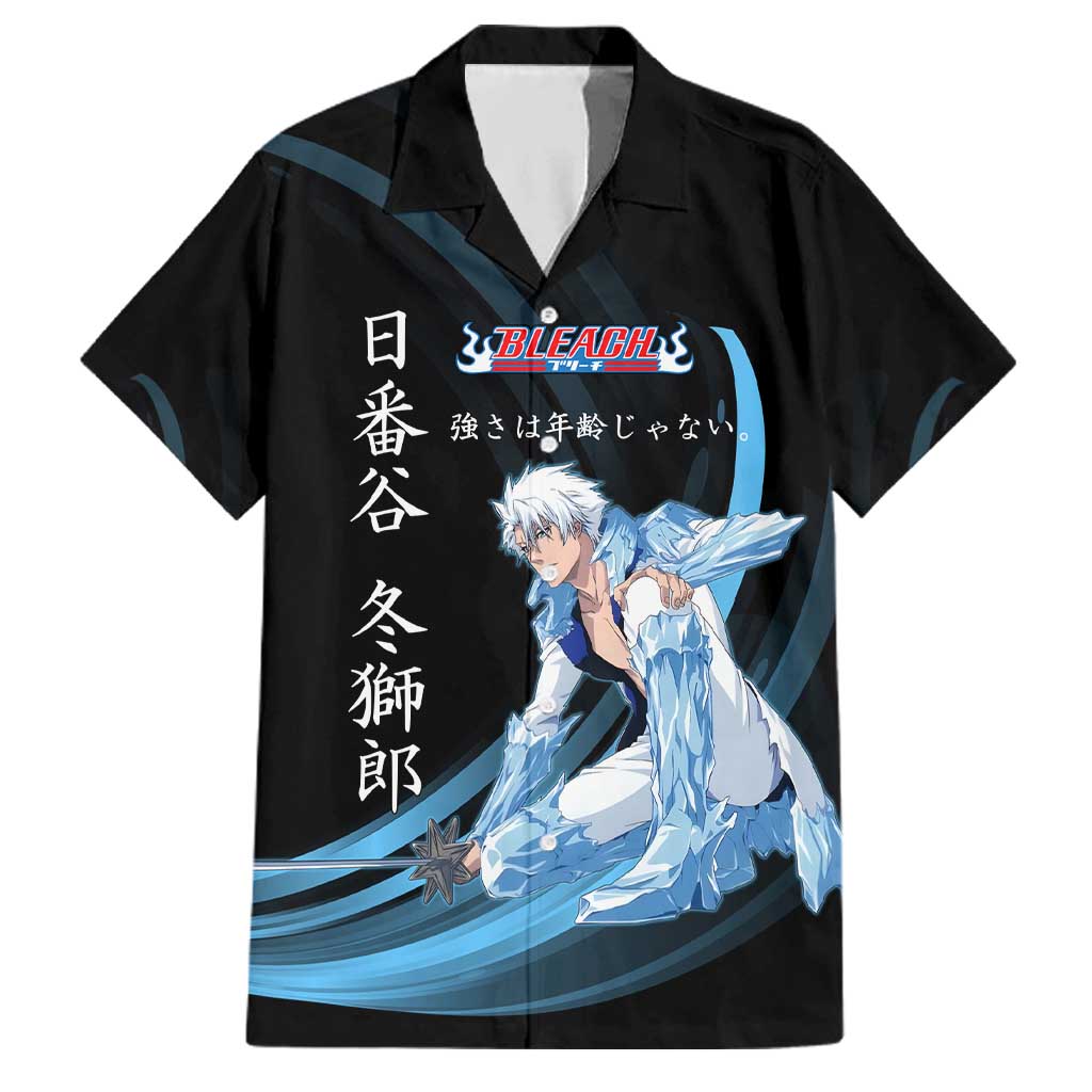 Toshiro Hitsugaya Bleach Anime Black and Blue Theme Family Matching Tank Maxi Dress and Hawaiian Shirt with Ice Dragon Elements and Japanese Quote Design