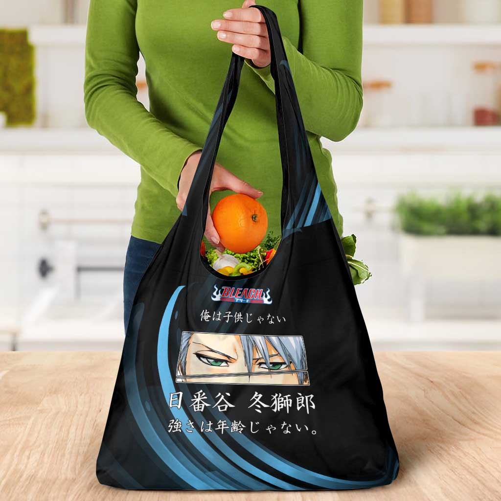 Toshiro Hitsugaya Bleach Anime Black and Blue Theme Grocery Bag with Ice Dragon Elements and Japanese Quote Design - The Mazicc