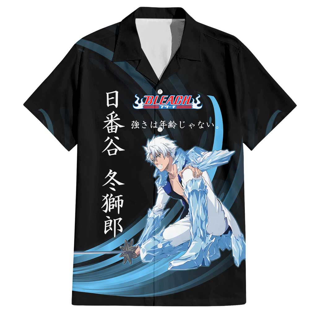 Toshiro Hitsugaya Bleach Anime Black and Blue Theme Hawaiian Shirt with Ice Dragon Elements and Japanese Quote Design - The Mazicc