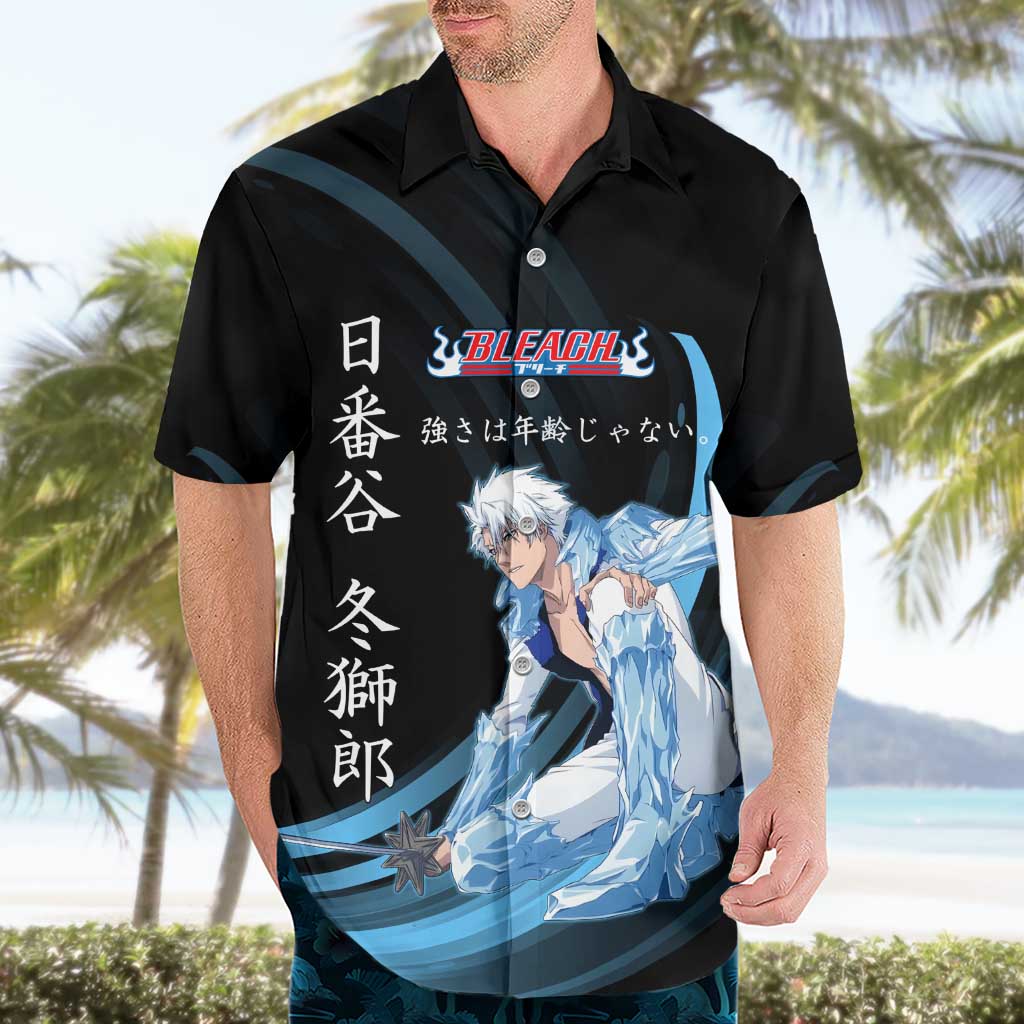 Toshiro Hitsugaya Bleach Anime Black and Blue Theme Hawaiian Shirt with Ice Dragon Elements and Japanese Quote Design - The Mazicc