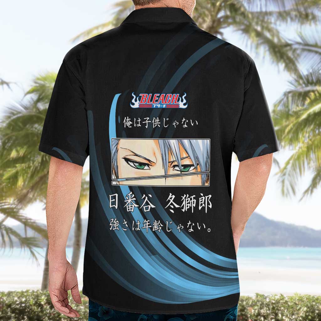 Toshiro Hitsugaya Bleach Anime Black and Blue Theme Hawaiian Shirt with Ice Dragon Elements and Japanese Quote Design - The Mazicc
