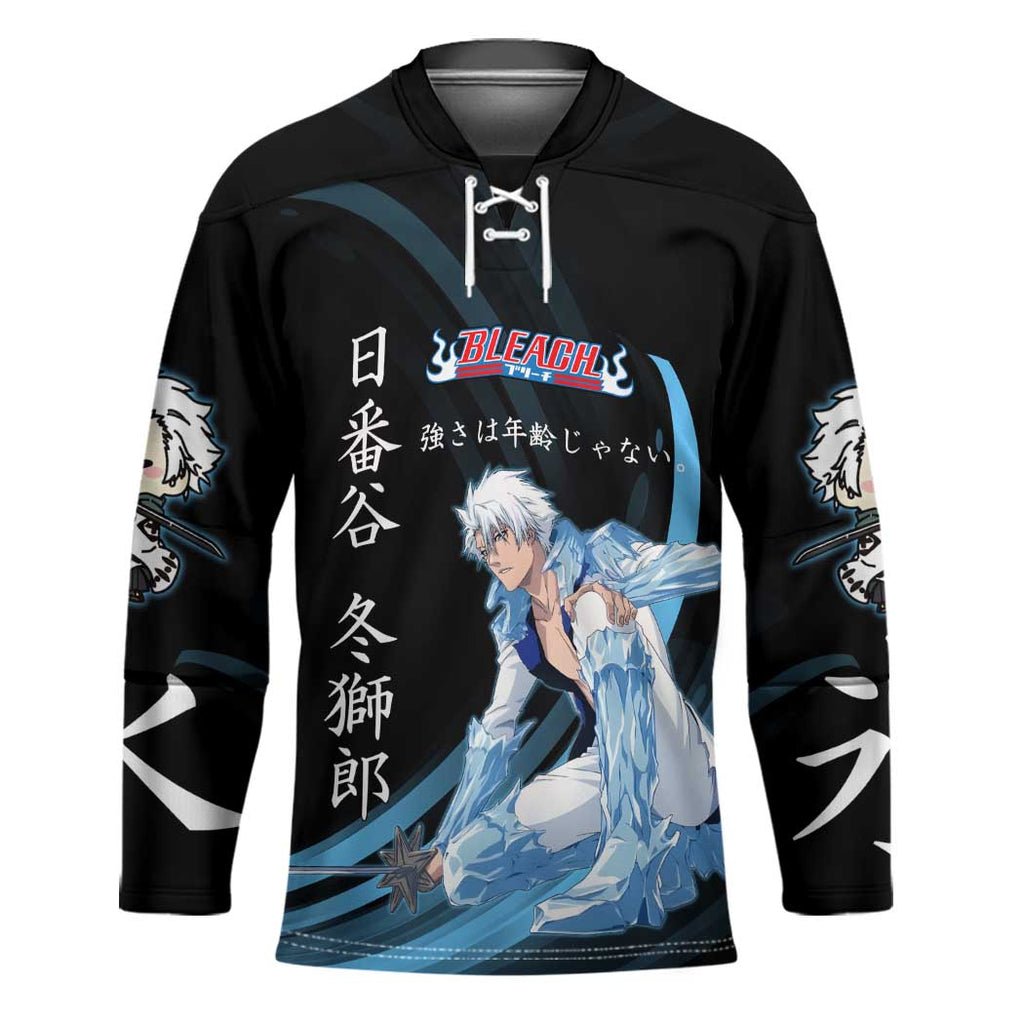 Toshiro Hitsugaya Bleach Anime Black and Blue Theme Hockey Jersey with Ice Dragon Elements and Japanese Quote Design - The Mazicc