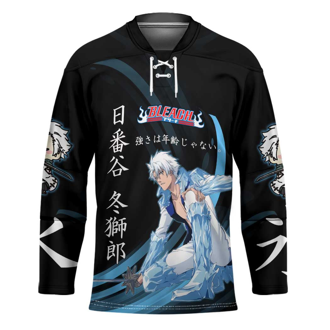 Toshiro Hitsugaya Bleach Anime Black and Blue Theme Hockey Jersey with Ice Dragon Elements and Japanese Quote Design - The Mazicc