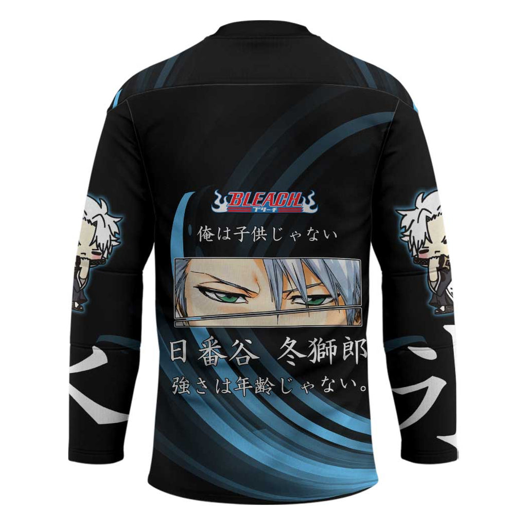 Toshiro Hitsugaya Bleach Anime Black and Blue Theme Hockey Jersey with Ice Dragon Elements and Japanese Quote Design - The Mazicc