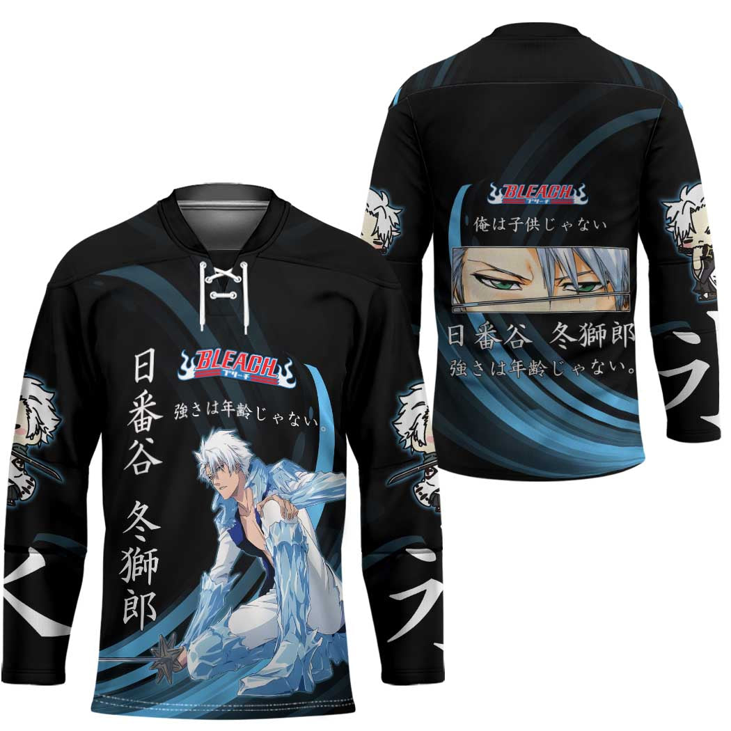 Toshiro Hitsugaya Bleach Anime Black and Blue Theme Hockey Jersey with Ice Dragon Elements and Japanese Quote Design - The Mazicc