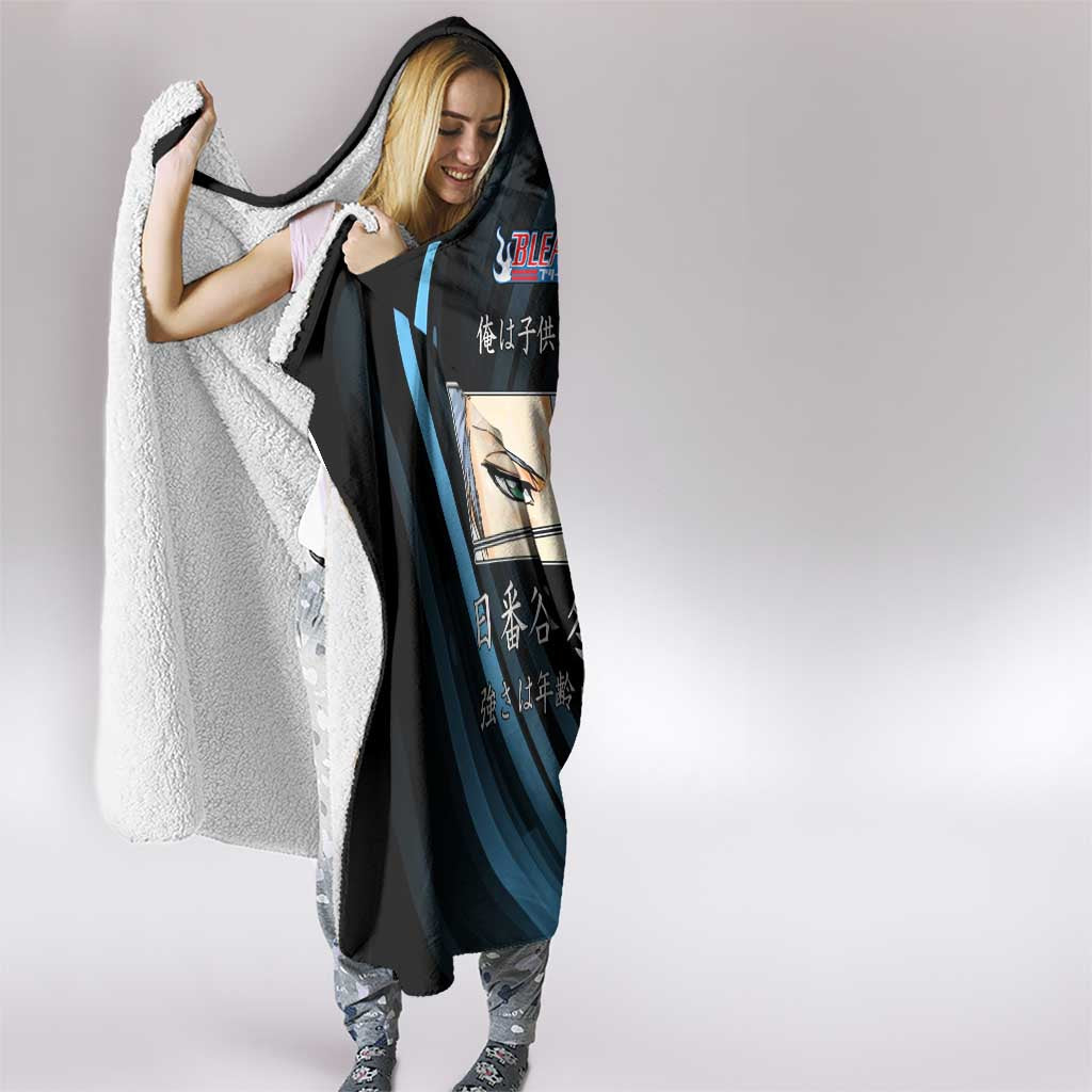 Toshiro Hitsugaya Bleach Anime Black and Blue Theme Hooded Blanket with Ice Dragon Elements and Japanese Quote Design - The Mazicc