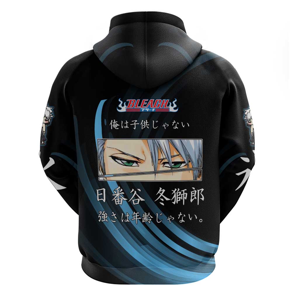 Toshiro Hitsugaya Bleach Anime Black and Blue Theme Hoodie with Ice Dragon Elements and Japanese Quote Design - The Mazicc