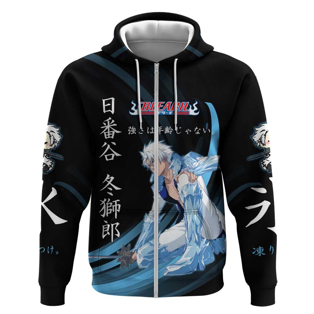 Toshiro Hitsugaya Bleach Anime Black and Blue Theme Hoodie with Ice Dragon Elements and Japanese Quote Design - The Mazicc