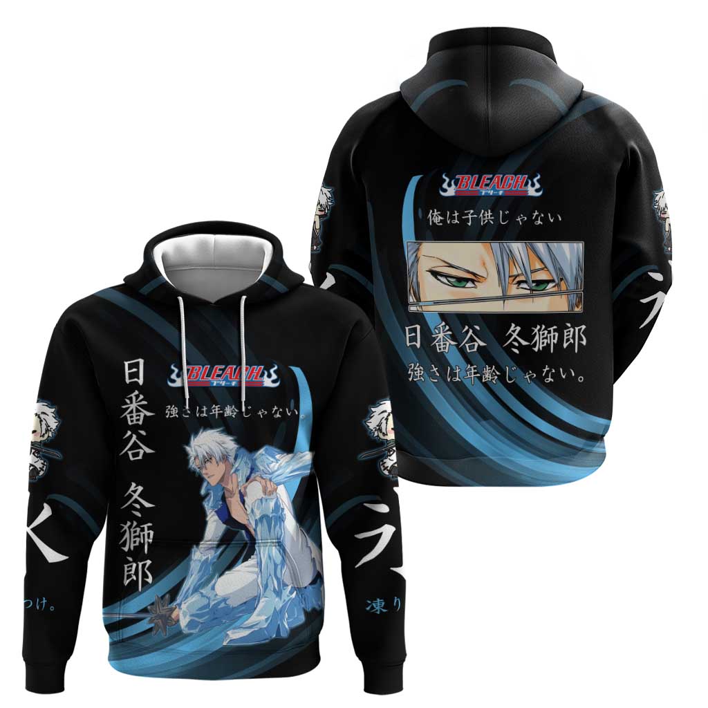 Toshiro Hitsugaya Bleach Anime Black and Blue Theme Hoodie with Ice Dragon Elements and Japanese Quote Design - The Mazicc