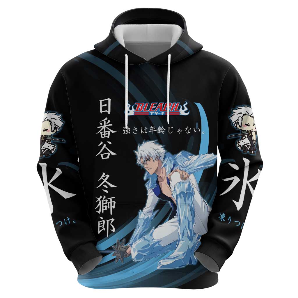 Toshiro Hitsugaya Bleach Anime Black and Blue Theme Hoodie with Ice Dragon Elements and Japanese Quote Design - The Mazicc