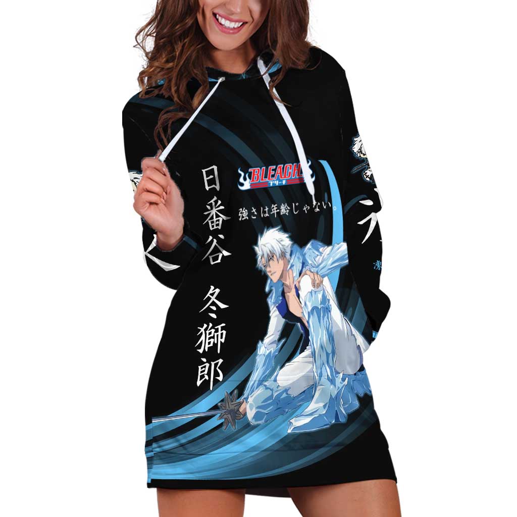 Toshiro Hitsugaya Bleach Anime Black and Blue Theme Hoodie Dress with Ice Dragon Elements and Japanese Quote Design - The Mazicc