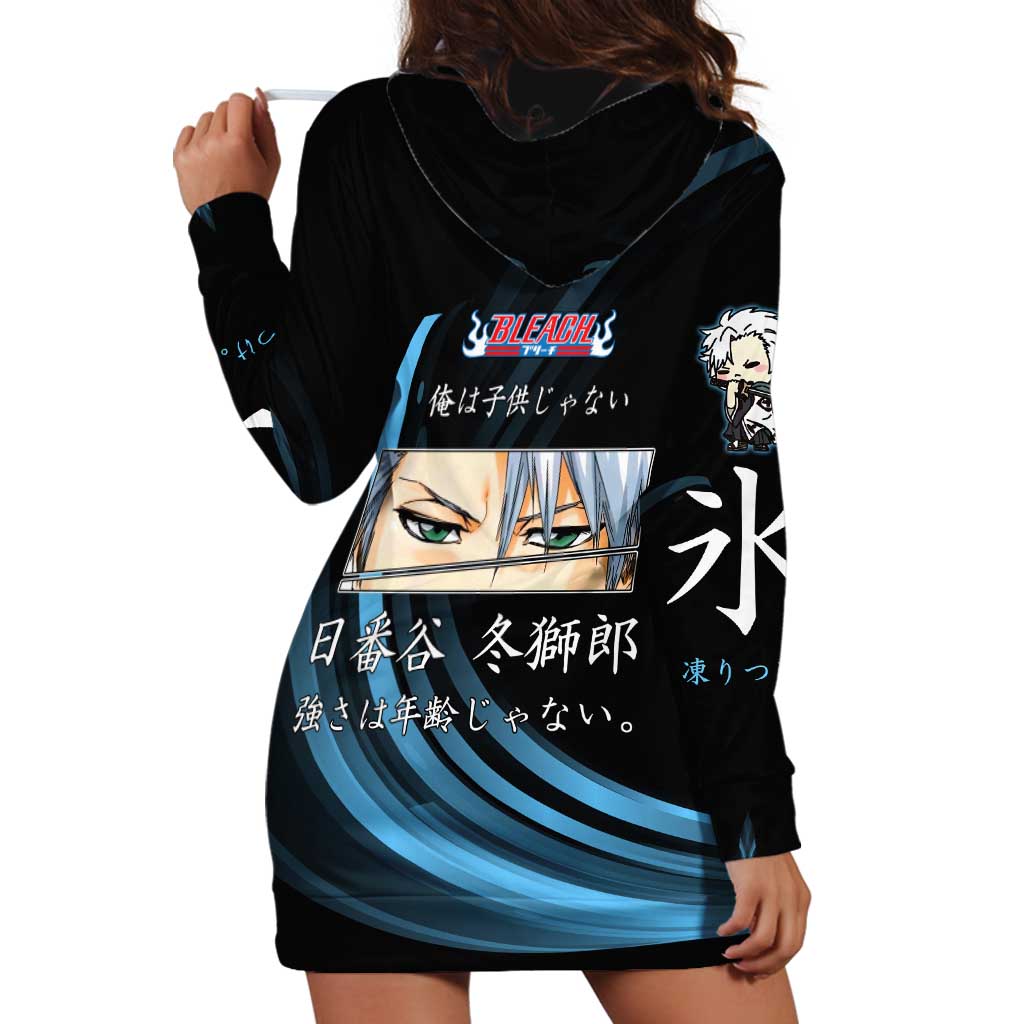 Toshiro Hitsugaya Bleach Anime Black and Blue Theme Hoodie Dress with Ice Dragon Elements and Japanese Quote Design - The Mazicc