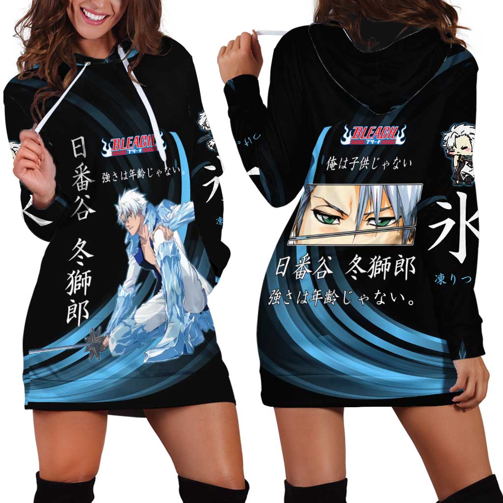 Toshiro Hitsugaya Bleach Anime Black and Blue Theme Hoodie Dress with Ice Dragon Elements and Japanese Quote Design - The Mazicc