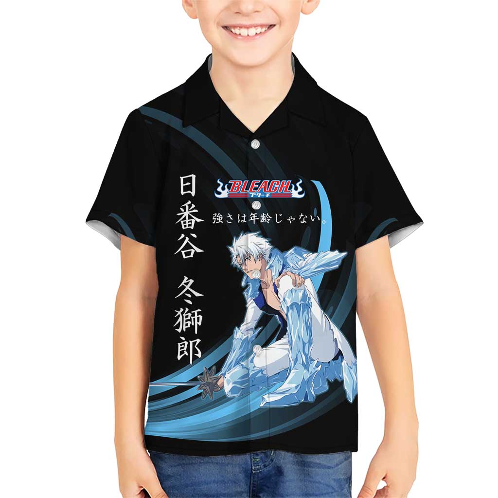 Toshiro Hitsugaya Bleach Anime Black and Blue Theme Kid Hawaiian Shirt with Ice Dragon Elements and Japanese Quote Design - The Mazicc