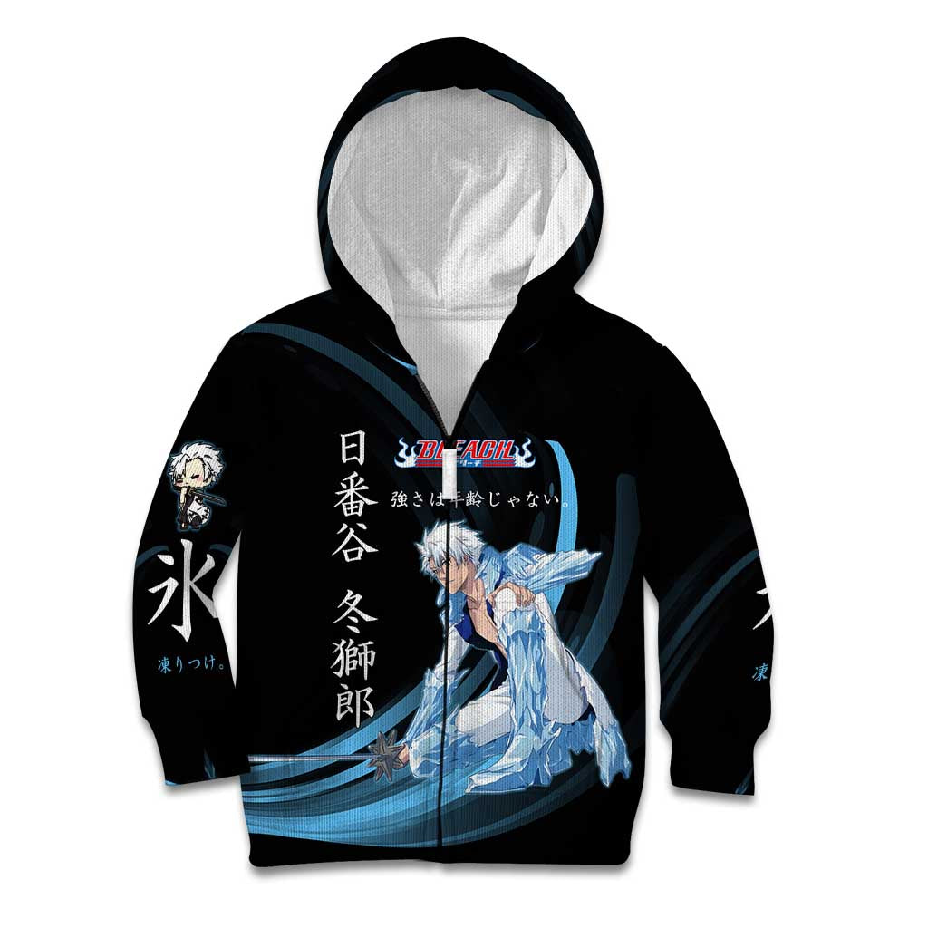 Toshiro Hitsugaya Bleach Anime Black and Blue Theme Kid Hoodie with Ice Dragon Elements and Japanese Quote Design - The Mazicc