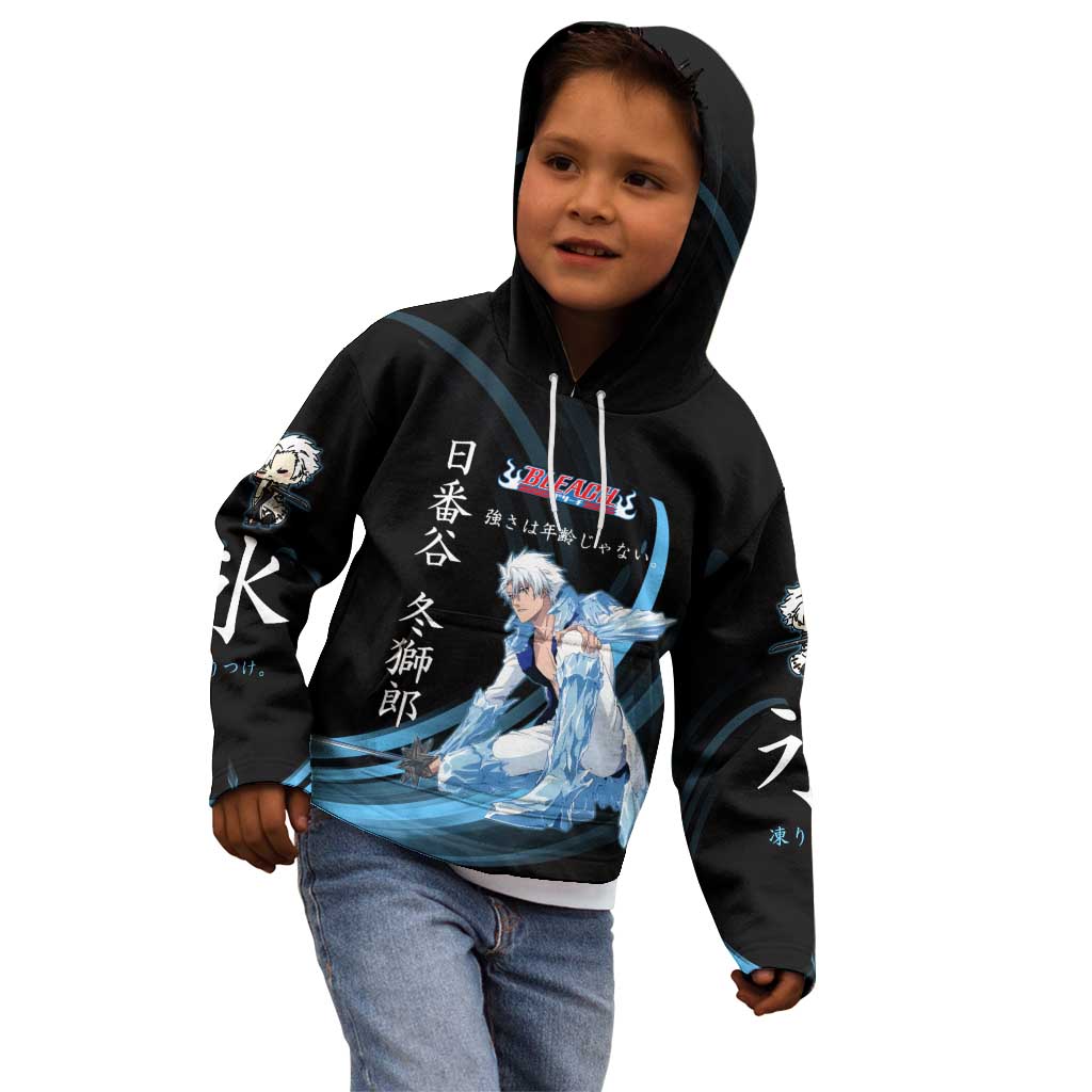 Toshiro Hitsugaya Bleach Anime Black and Blue Theme Kid Hoodie with Ice Dragon Elements and Japanese Quote Design - The Mazicc