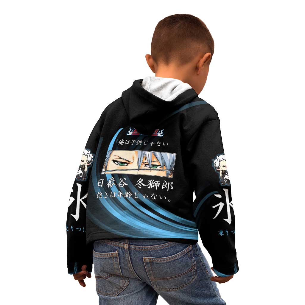 Toshiro Hitsugaya Bleach Anime Black and Blue Theme Kid Hoodie with Ice Dragon Elements and Japanese Quote Design - The Mazicc