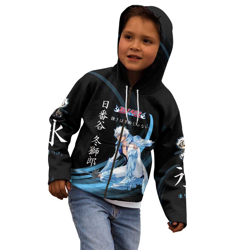 Toshiro Hitsugaya Bleach Anime Black and Blue Theme Kid Hoodie with Ice Dragon Elements and Japanese Quote Design - The Mazicc