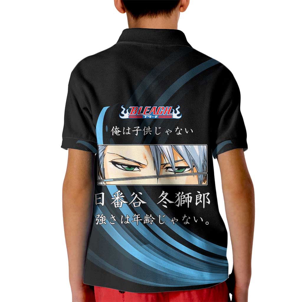 Toshiro Hitsugaya Bleach Anime Black and Blue Theme Kid Polo Shirt with Ice Dragon Elements and Japanese Quote Design - The Mazicc