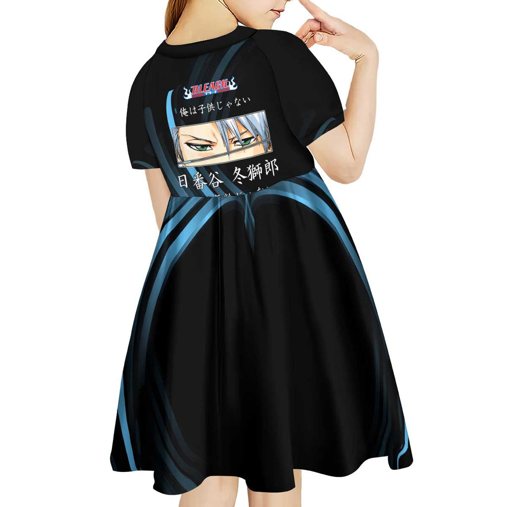 Toshiro Hitsugaya Bleach Anime Black and Blue Theme Kid Short Sleeve Dress with Ice Dragon Elements and Japanese Quote Design - The Mazicc