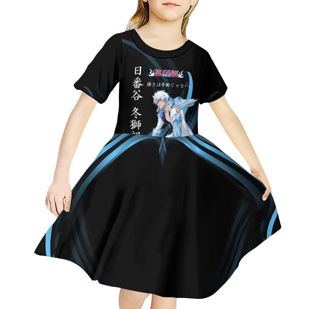 Toshiro Hitsugaya Bleach Anime Black and Blue Theme Kid Short Sleeve Dress with Ice Dragon Elements and Japanese Quote Design - The Mazicc