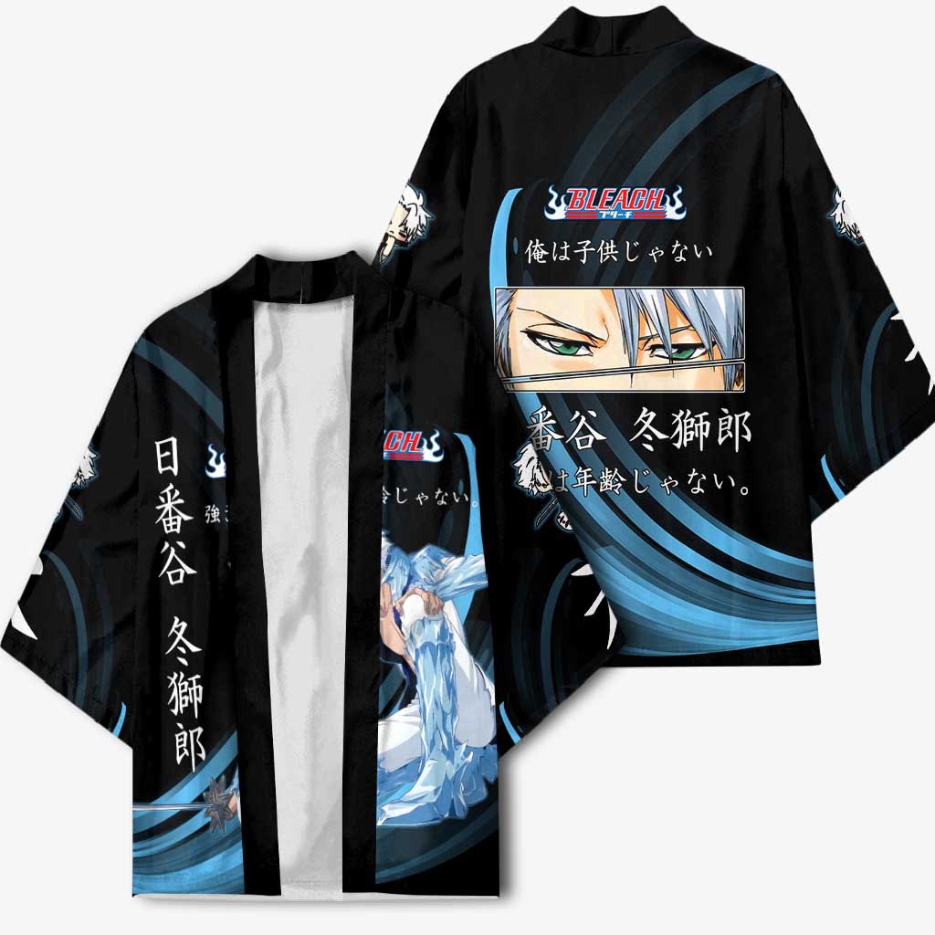 Toshiro Hitsugaya Bleach Anime Black and Blue Theme Kimono with Ice Dragon Elements and Japanese Quote Design - The Mazicc