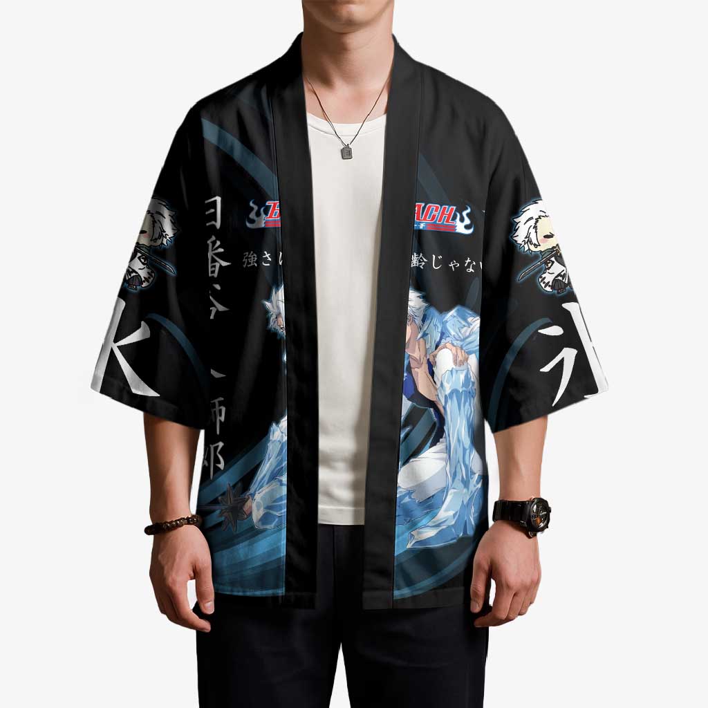 Toshiro Hitsugaya Bleach Anime Black and Blue Theme Kimono with Ice Dragon Elements and Japanese Quote Design - The Mazicc