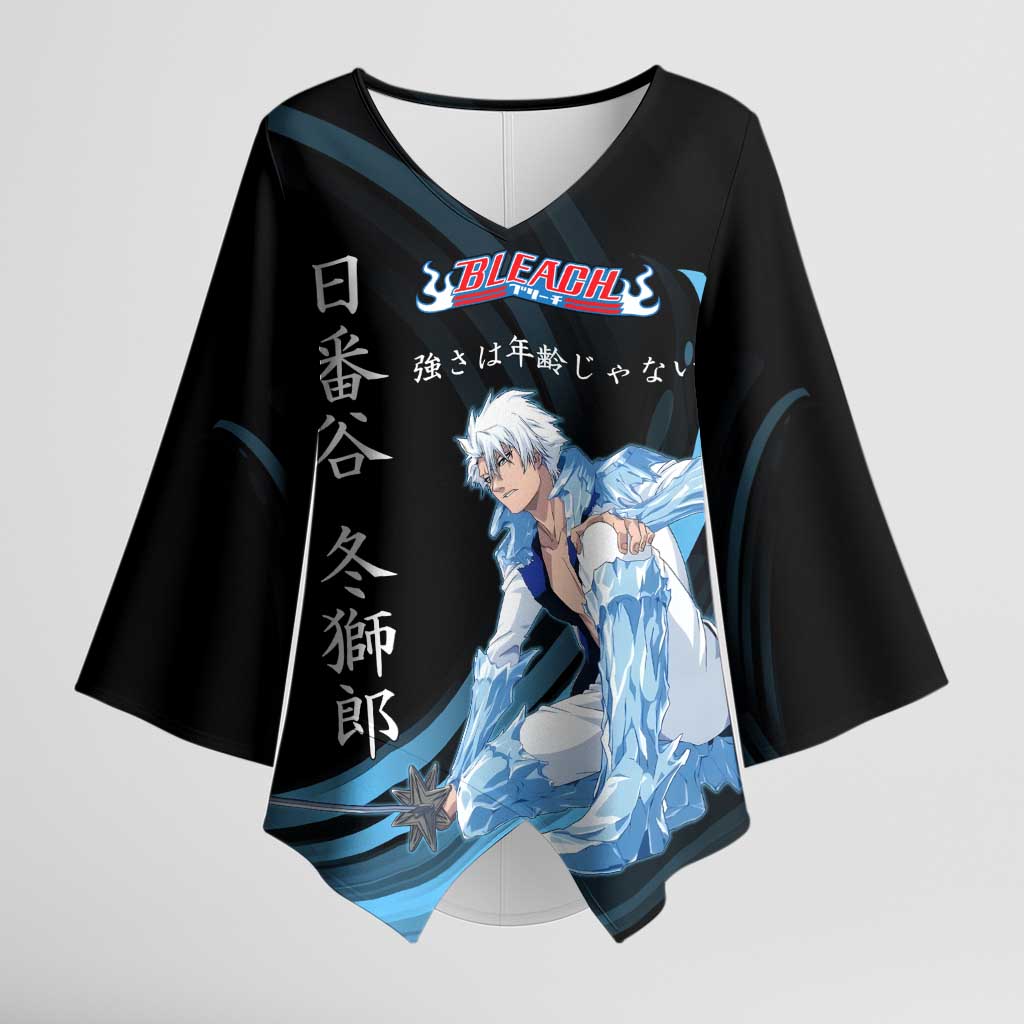 Toshiro Hitsugaya Bleach Anime Black and Blue Theme Kimono Sleeve Blouse with Ice Dragon Elements and Japanese Quote Design - The Mazicc
