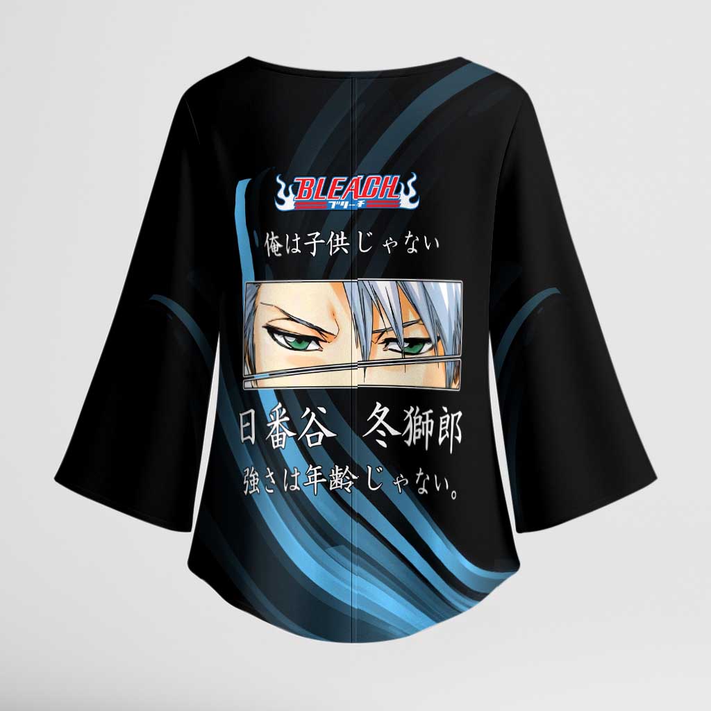 Toshiro Hitsugaya Bleach Anime Black and Blue Theme Kimono Sleeve Blouse with Ice Dragon Elements and Japanese Quote Design - The Mazicc