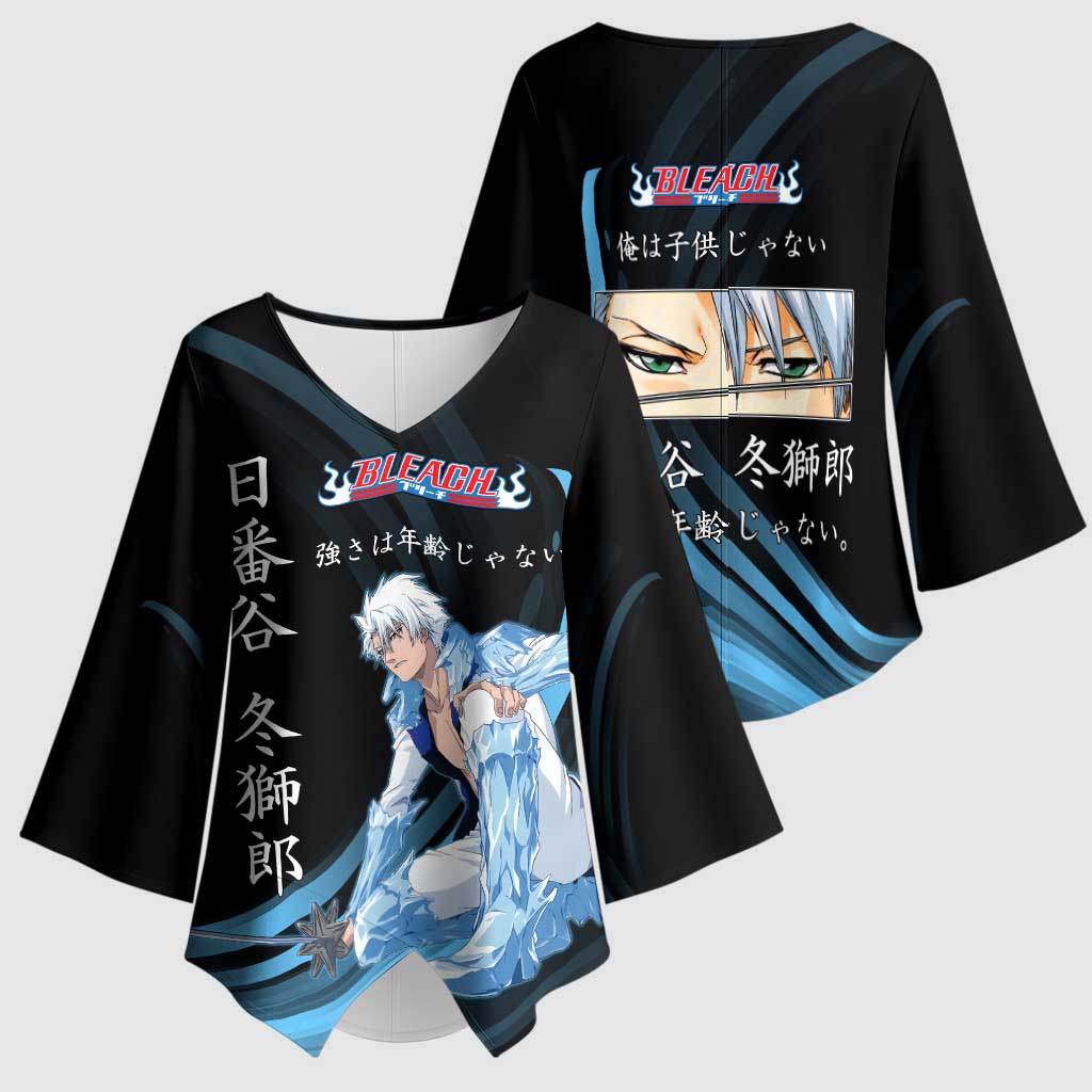 Toshiro Hitsugaya Bleach Anime Black and Blue Theme Kimono Sleeve Blouse with Ice Dragon Elements and Japanese Quote Design - The Mazicc