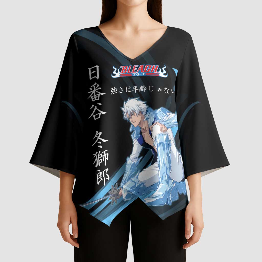 Toshiro Hitsugaya Bleach Anime Black and Blue Theme Kimono Sleeve Blouse with Ice Dragon Elements and Japanese Quote Design - The Mazicc