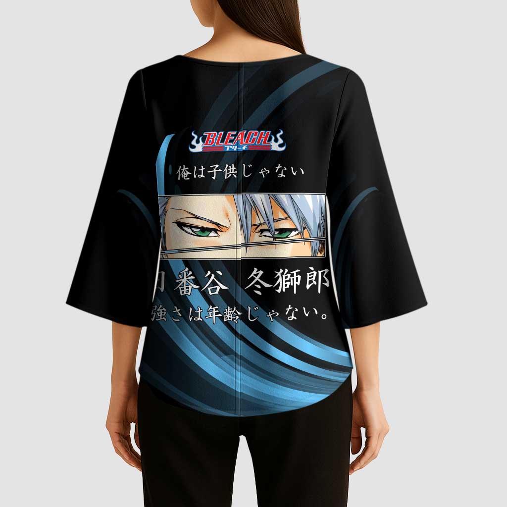 Toshiro Hitsugaya Bleach Anime Black and Blue Theme Kimono Sleeve Blouse with Ice Dragon Elements and Japanese Quote Design - The Mazicc
