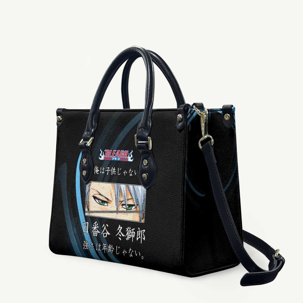 Toshiro Hitsugaya Bleach Anime Black and Blue Theme Leather Bag with Ice Dragon Elements and Japanese Quote Design - The Mazicc