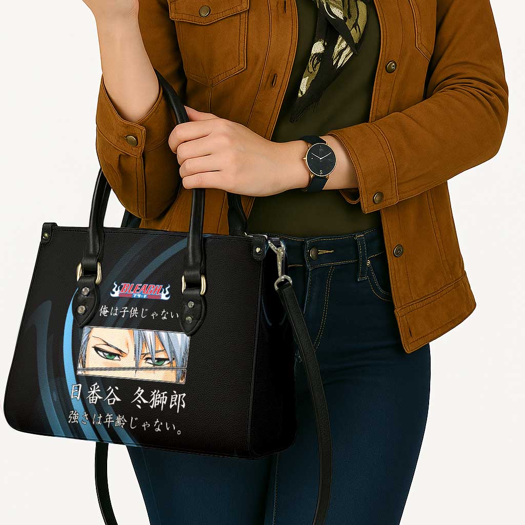 Toshiro Hitsugaya Bleach Anime Black and Blue Theme Leather Bag with Ice Dragon Elements and Japanese Quote Design - The Mazicc