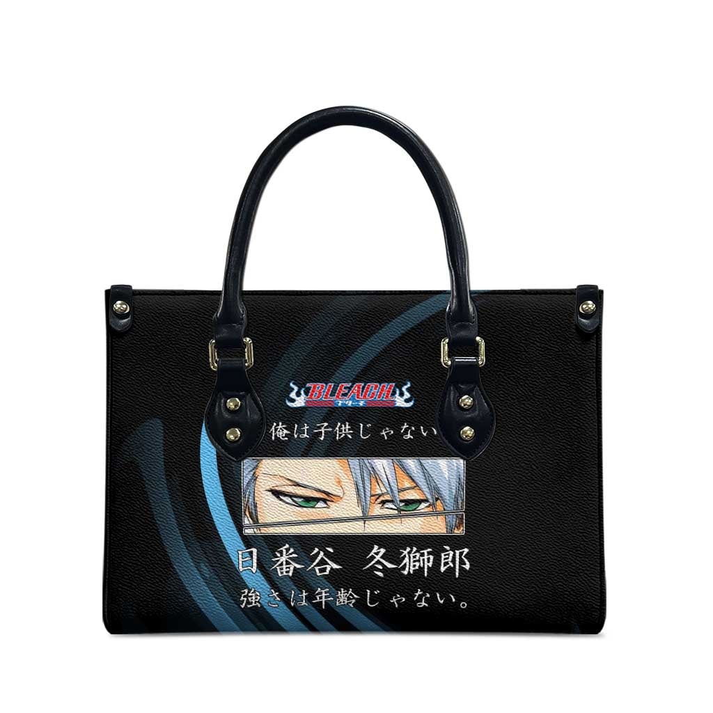 Toshiro Hitsugaya Bleach Anime Black and Blue Theme Leather Bag with Ice Dragon Elements and Japanese Quote Design - The Mazicc